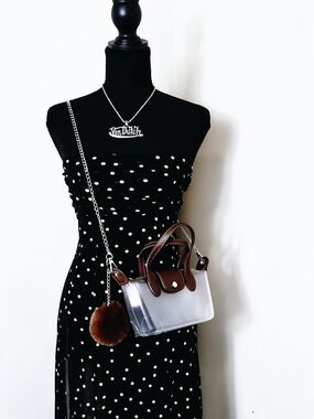 Clear Crossbody Tote with Brown Trim and Pom Charm